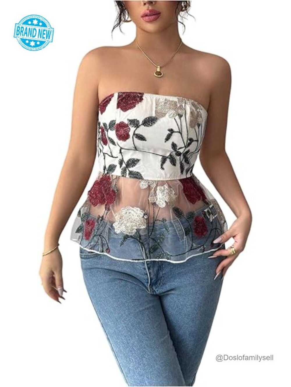 Floral Embroidered Sheer Mesh Strapless Tube Top with Peplum